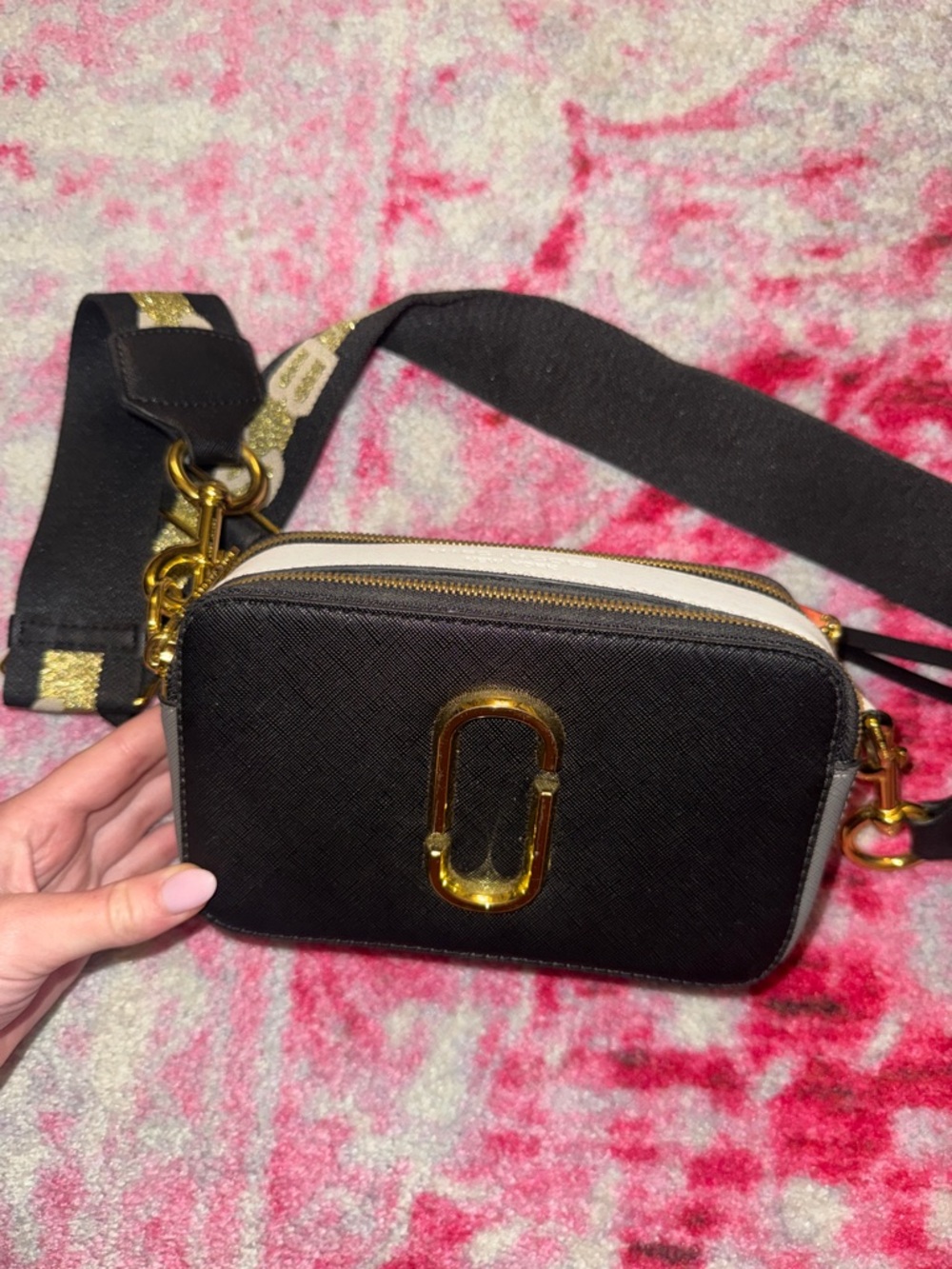 Marc Jacobs Black & White Snapshot Crossbody with Gold Hardware
